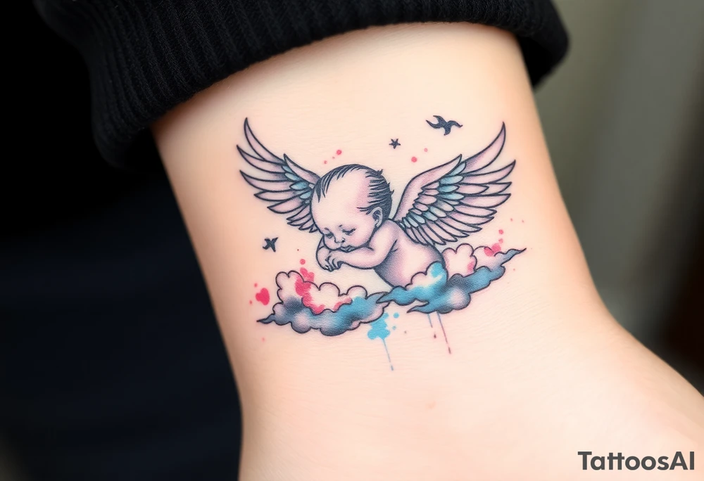 Winged baby, blue and pink watercolor, clouds tattoo idea