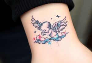 Winged baby, blue and pink watercolor, clouds tattoo idea