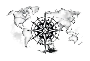 antique compass rose overlaid on weathered world map with sailing ships tattoo idea