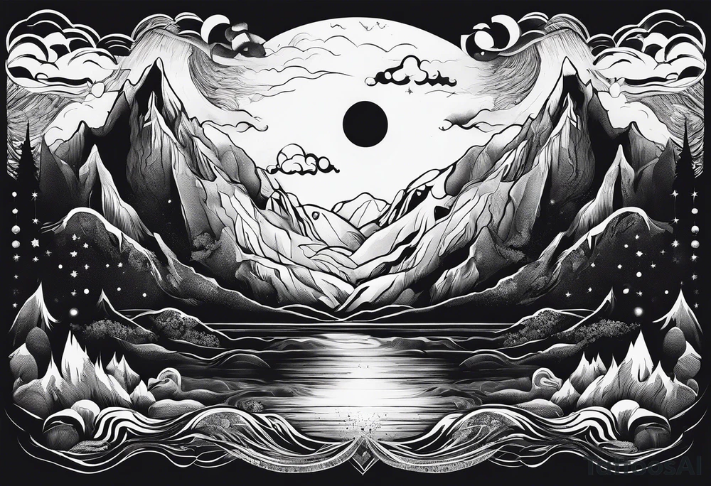 A world that is upside down including Mountains and a moon that drips down tattoo idea