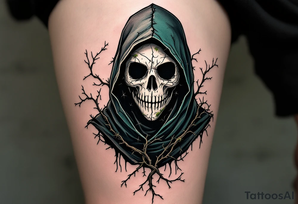Plague Doctor with Thorned Vines – A mysterious plague doctor with tipical mask cloaked in dark green and black, with thorny vines creeping over the robe and mask, symbolizing death and rebirth. The mask is cracked, with moss growing in its crevices. tattoo idea