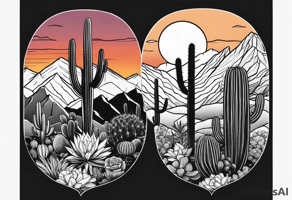Forearm vertical, cactus, sunset, mountain tattoo idea