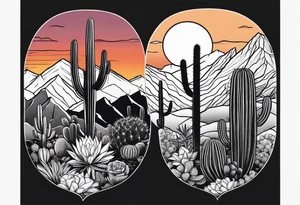 Forearm vertical, cactus, sunset, mountain tattoo idea