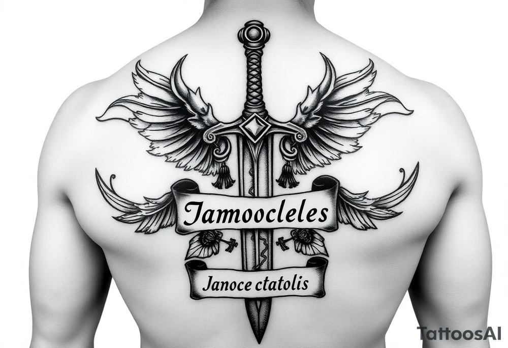 Please generate Polynesian style tattoos for me.
The sword should cover my back from top to bottom, passing over my spine with great relief and detail, surrounded by a parchment written in fine italic letters “Sword of Damocles”. tattoo idea
