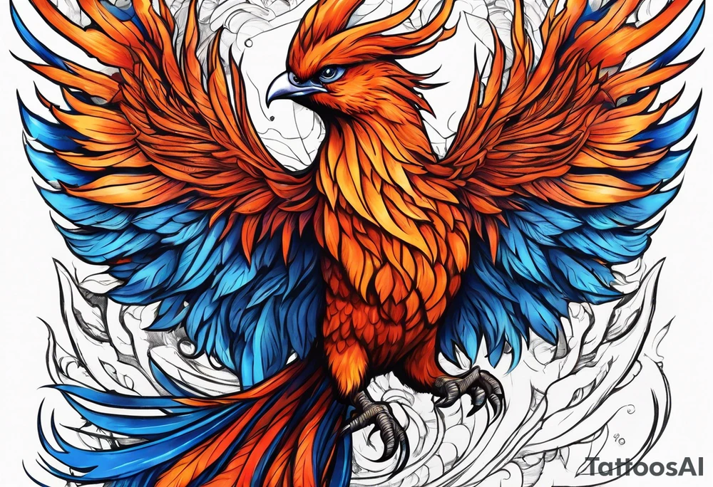 Proud Strong red orange phoenix with blue tips tattoo idea