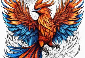 Proud Strong red orange phoenix with blue tips tattoo idea