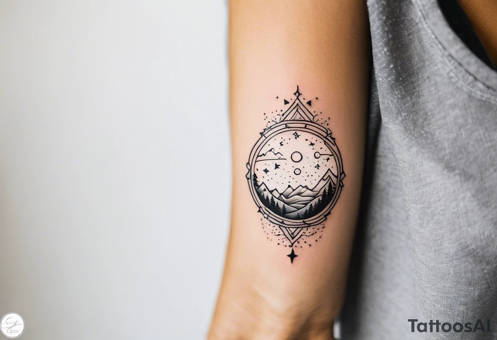 A tattoo featuring a meaningful quote about life's journey, such as "The journey of a thousand miles begins with a single step," accompanied by celestial elements to emphasize the cosmic nature of your path. tattoo idea