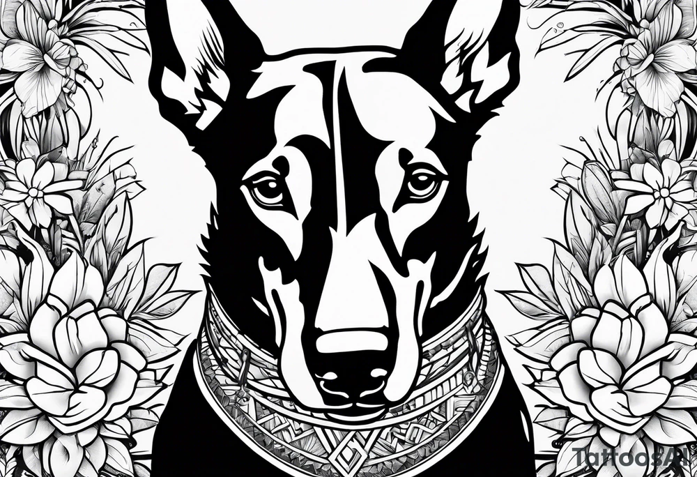 tropical and floral tattoo with doberman intertwined. full arm sleeve tattoo idea
