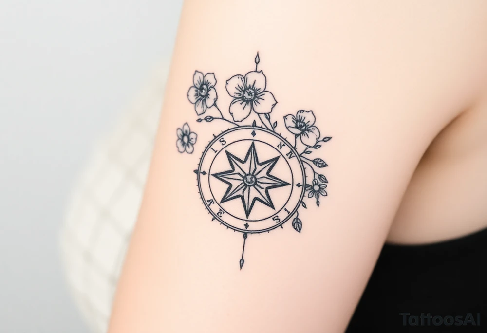 Abstract Compass with large wild flowers flowing above and below the compass tattoo idea