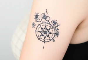 Abstract Compass with large wild flowers flowing above and below the compass tattoo idea