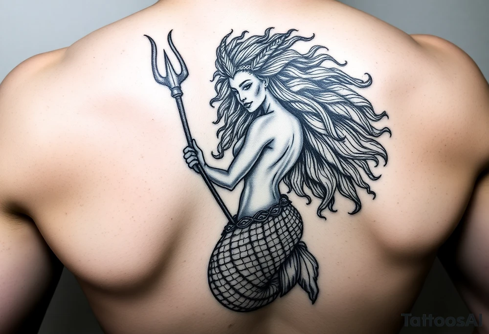 warrior mermaid, trident powerful African queen, long afro hair, beautiful tattoo idea