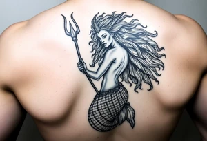 warrior mermaid, trident powerful African queen, long afro hair, beautiful tattoo idea
