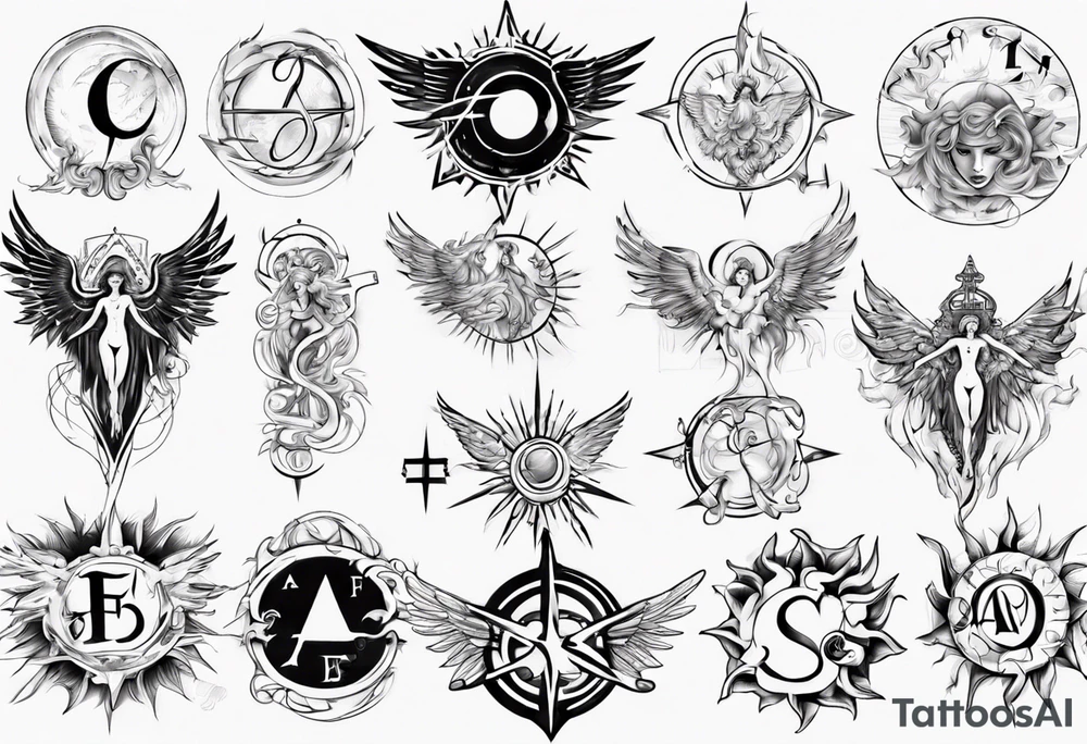 abstraction with sun and letters and angels tattoo idea