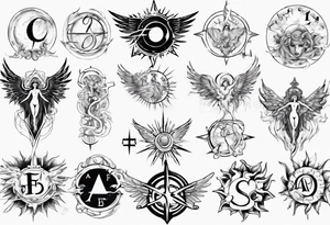 abstraction with sun and letters and angels tattoo idea