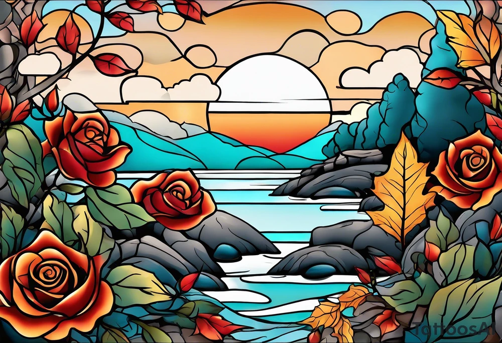 thigh tattoo in fall colors, showing, li, water flow, rocks, sky, clouds, leaves, roses and background tattoo idea