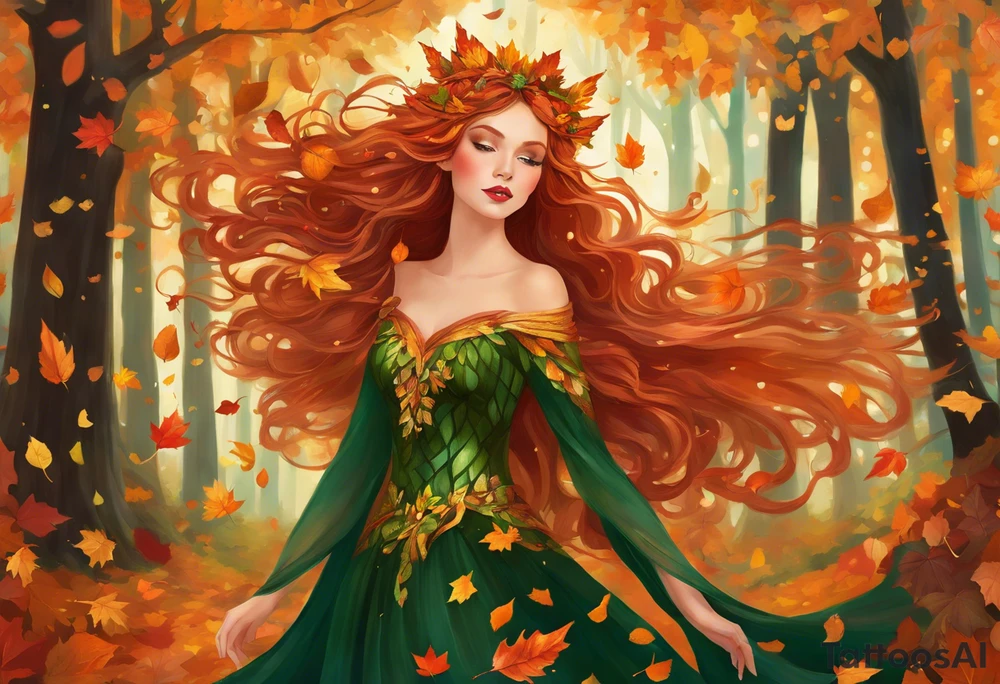 A winged fairy in the middle of a forest during the peak of autumn, twirling in a whirlwind of autumn leaves. The fairy's hair is auburn with copper colors and a crown of gold, orange, and red leaves adorning her head. Her eyes are emerald green with gold flecks, ruby lips and pale skin. Her dress a coppery orange, with leaves scattered on it. The fairly is twirling in a pile of leaves with arms raised overhead, looking at the sky. tattoo idea
