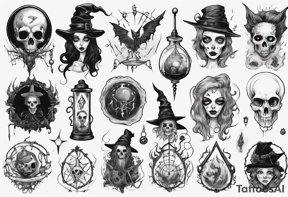 a Tim Burton-style witch necromancer tattoo idea