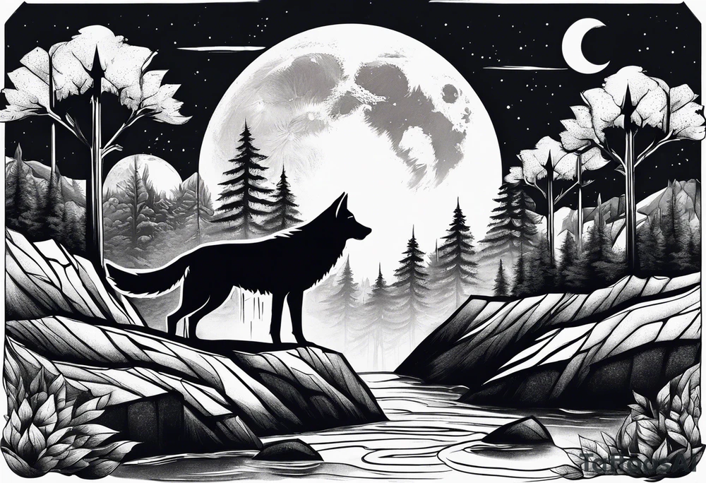 Waterfall with nature and the moon and the a wolf tattoo idea Waterfall with nature and the moon and the a wolf tattoo idea