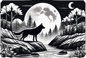 Waterfall with nature and the moon and the a wolf tattoo idea