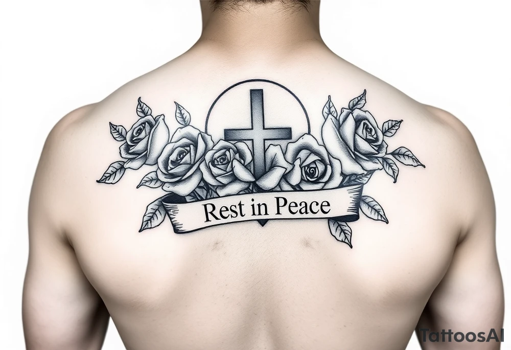 Hip hop religious rest in peace with roses and a banner for a name arm tattoo tattoo idea