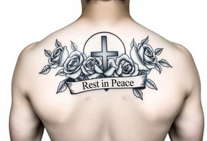 Hip hop religious rest in peace with roses and a banner for a name arm tattoo tattoo idea