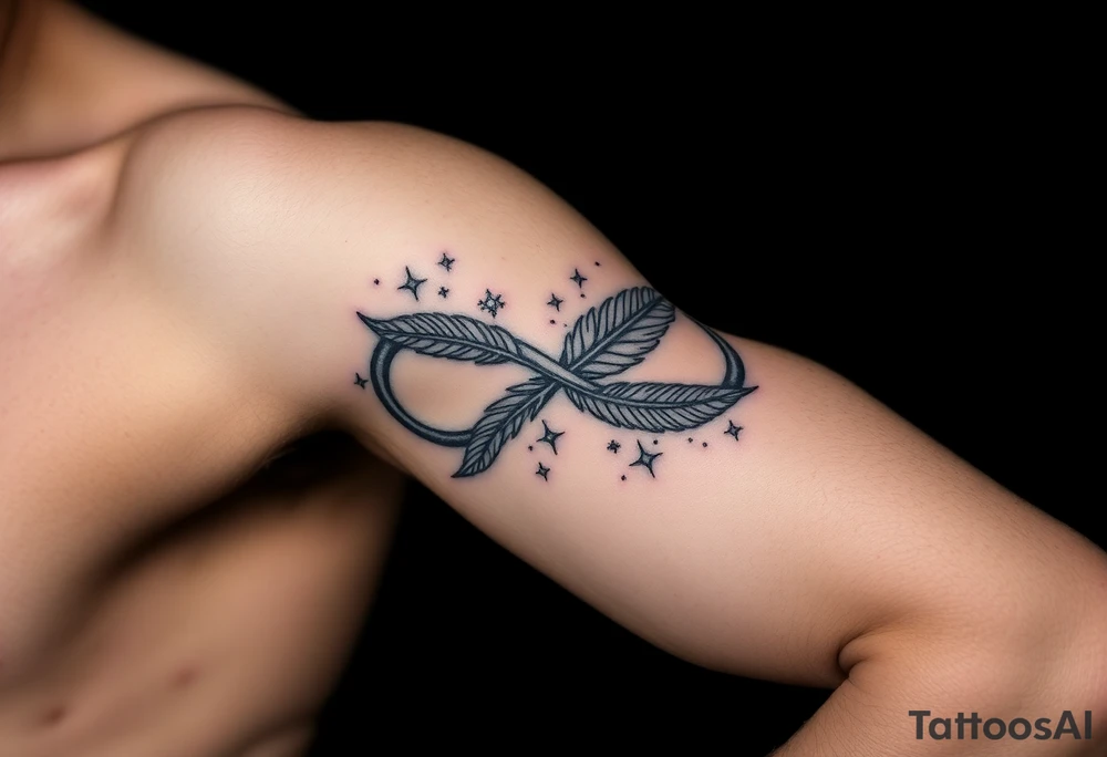 infinity symbol woven with floating feathers and stardust tattoo idea