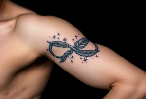 infinity symbol woven with floating feathers and stardust tattoo idea