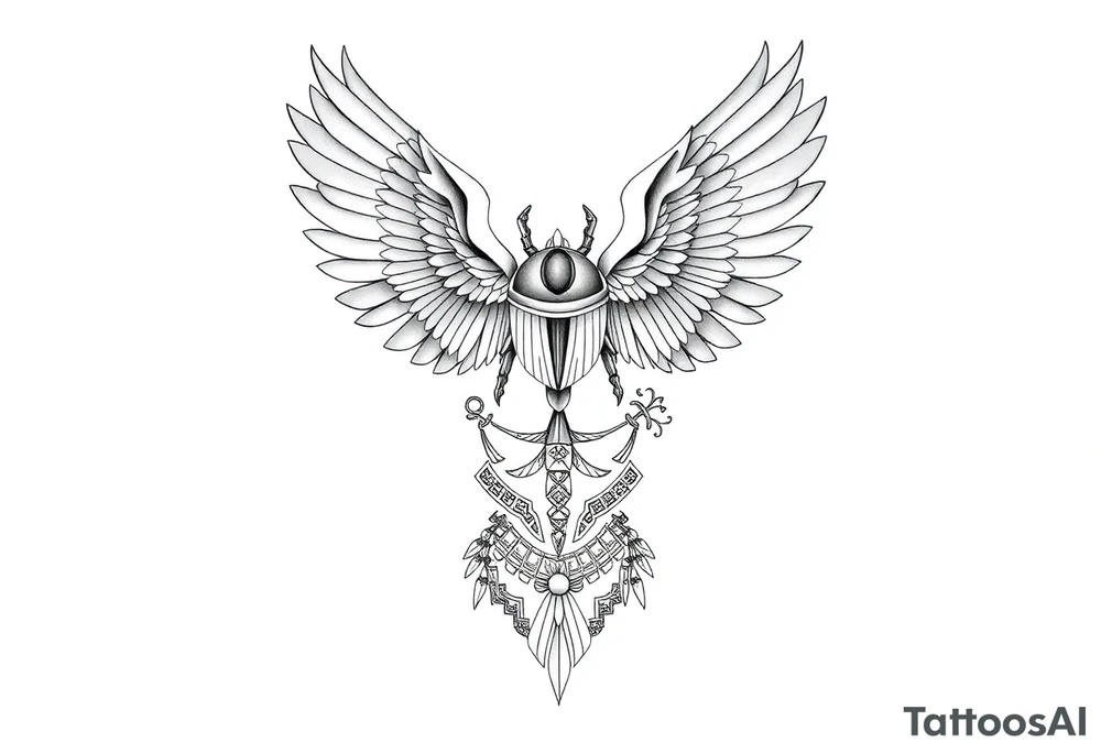 “Design a cohesive Egyptian-themed lower leg sleeve from knee to ankle, continuing from an existing black-and-grey fine-line tattoo. The current tattoo features a winged scarab beetle with extended, flowing wings wrapping around the knee and a circular Eye of Ra medallion at top centre of knee. 
Extend the design downward with ancient Egyptian symbolism in a balanced, flowing composition: include elements such as Anubis, Horus, hieroglyphic bands, lotus flowers, papyrus, ankhs, pyramids, and subtle desert or Nile motifs.
Maintain a clean black-and-grey style with fine linework, light shading, and etched, ancient-stone textures—no heavy color. Use soft gradients and negative space to blend seamlessly with the existing scarab wings and medallion.
Wrap the imagery naturally around the leg’s anatomy, tapering toward the ankle, with ornamental bands or hieroglyphs framing the lower leg. The overall look should feel sacred, ancient, powerful, and timeless, like an Egyptian relief brought to life on skin.” tattoo idea