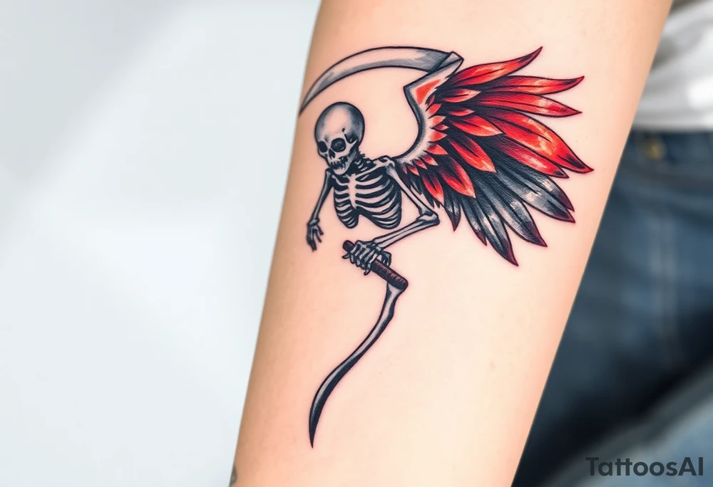 A winged skeleton clutching a scythe, its wings composed of intertwined black and blood-red feathers with highlights of dark orange at the edges. tattoo idea