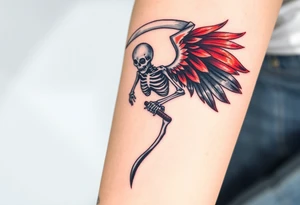 A winged skeleton clutching a scythe, its wings composed of intertwined black and blood-red feathers with highlights of dark orange at the edges. tattoo idea