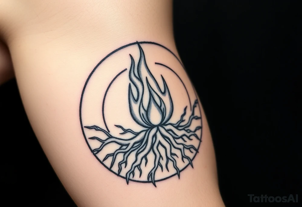 flame in a blooming roots circle tattoo idea