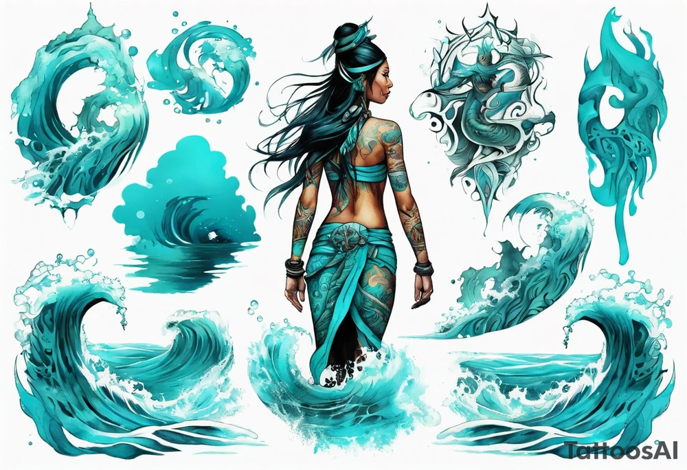 a turquoise Na'vi woman standing in the sea with water for legs surrounded by crashing waves tattoo idea