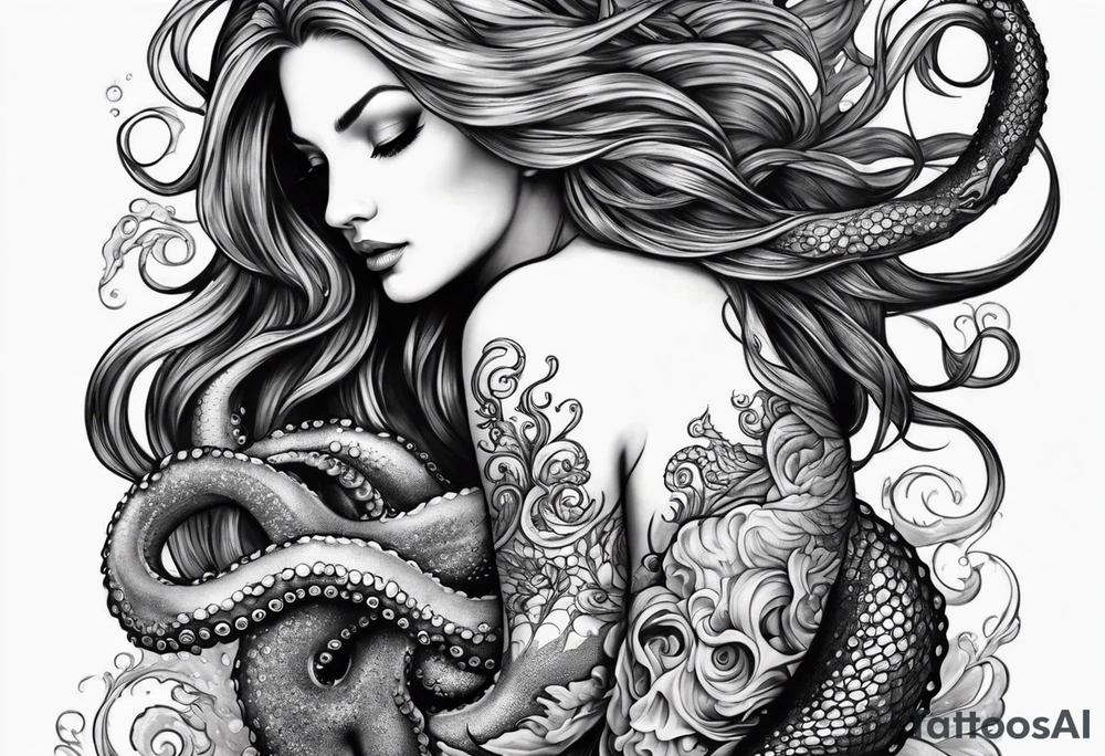 Octopus looking up longingly at a mermaid in the ocean wrap around entire bottom of leg. tattoo idea