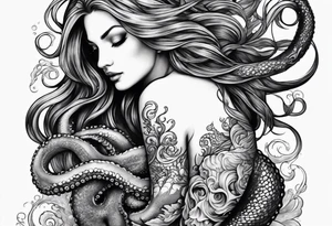 Octopus looking up longingly at a mermaid in the ocean wrap around entire bottom of leg. tattoo idea