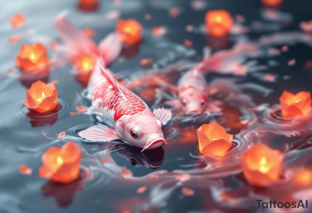 Pink Koi with Floating Lanterns – A soft pink koi surrounded by glowing orange paper lanterns on water, evoking peace, hope, and remembrance. tattoo idea