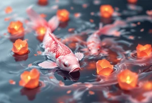 Pink Koi with Floating Lanterns – A soft pink koi surrounded by glowing orange paper lanterns on water, evoking peace, hope, and remembrance. tattoo idea