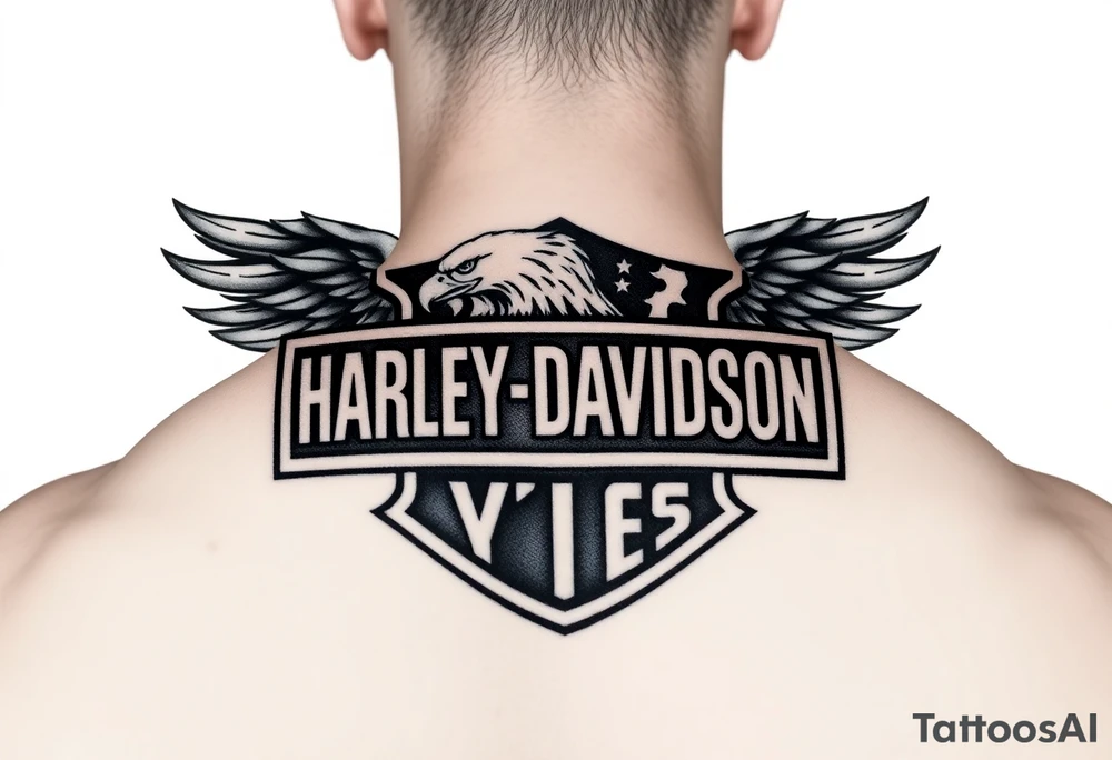 Harley Davidson logo with bald eagle American flag background shaded in tattoo idea