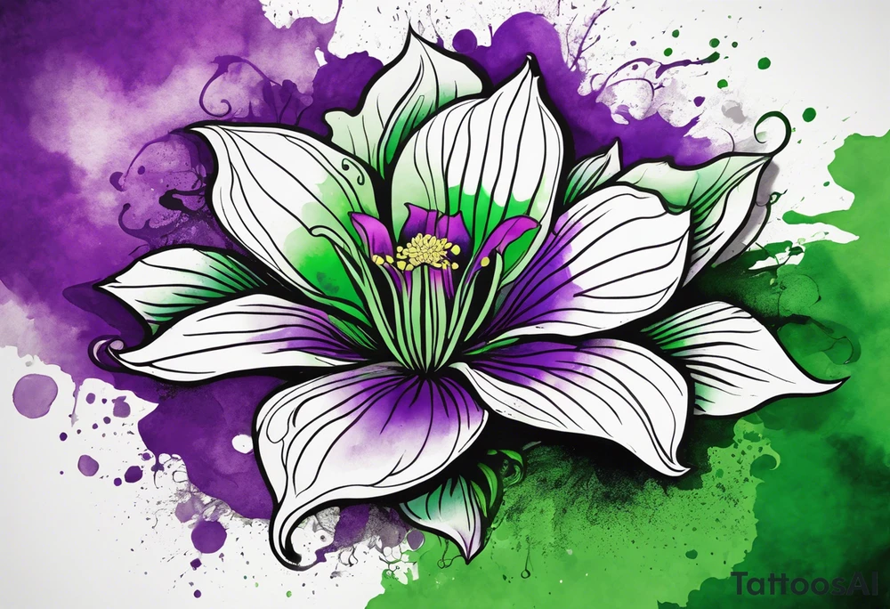 A mystical outline of a green and purple rio dipladenia flower and a green and purple watercolor splash in the background tattoo idea