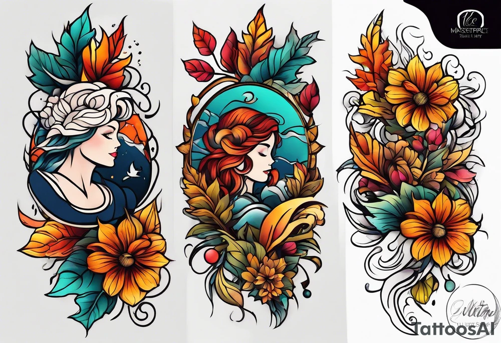 Full arm with fall colors, flowers, water, leaves and various shapes tattoo idea