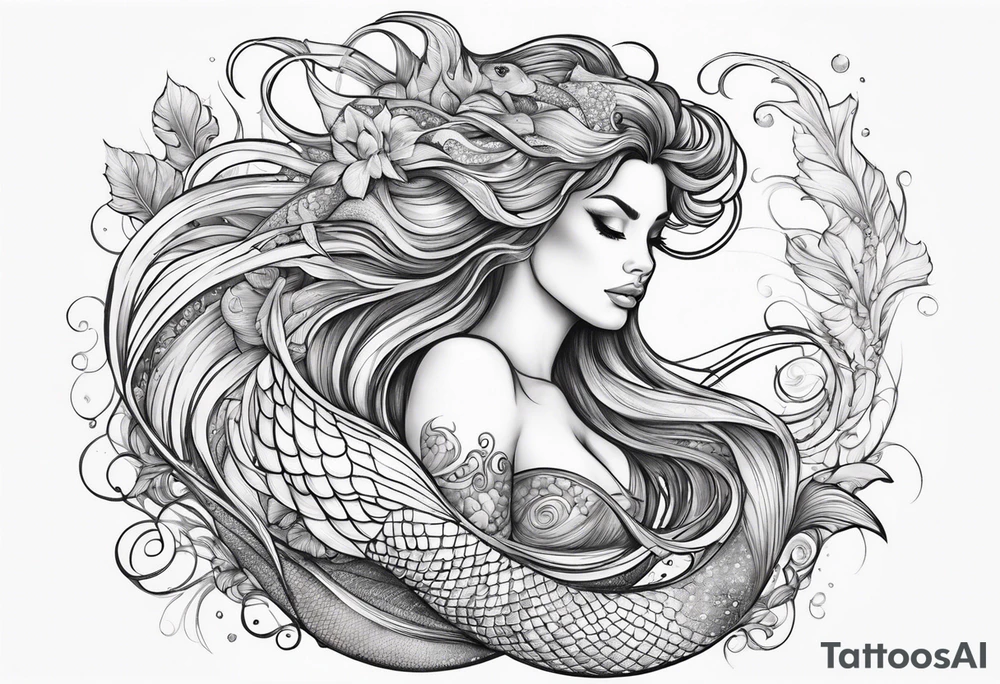 sexy goddess mermaid with flowing hair and long flowing tail with scales and tattoos tattoo idea