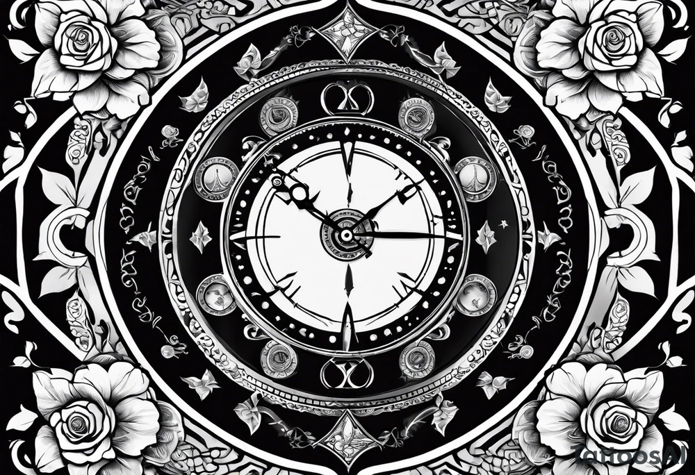 I want a design to print on t-shirts. The design is an hourglass with a wristwatch in the middle with Amazigh numbers, and this watch is surrounded by planets and Ashulk roses. tattoo idea