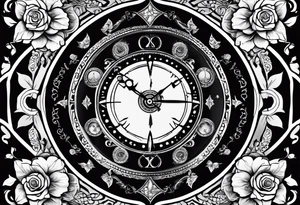 I want a design to print on t-shirts. The design is an hourglass with a wristwatch in the middle with Amazigh numbers, and this watch is surrounded by planets and Ashulk roses. tattoo idea