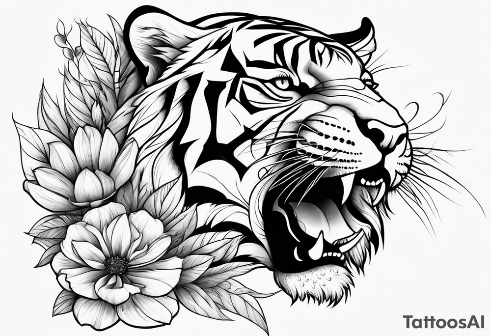 Tiger with flower and swoops tattoo idea