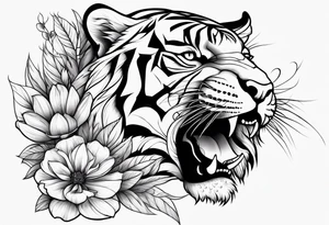 Tiger with flower and swoops tattoo idea