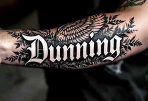 Dunning, left forearm details include angel wing, greek type of font,jungle leaves, name is big and in white color tattoo idea