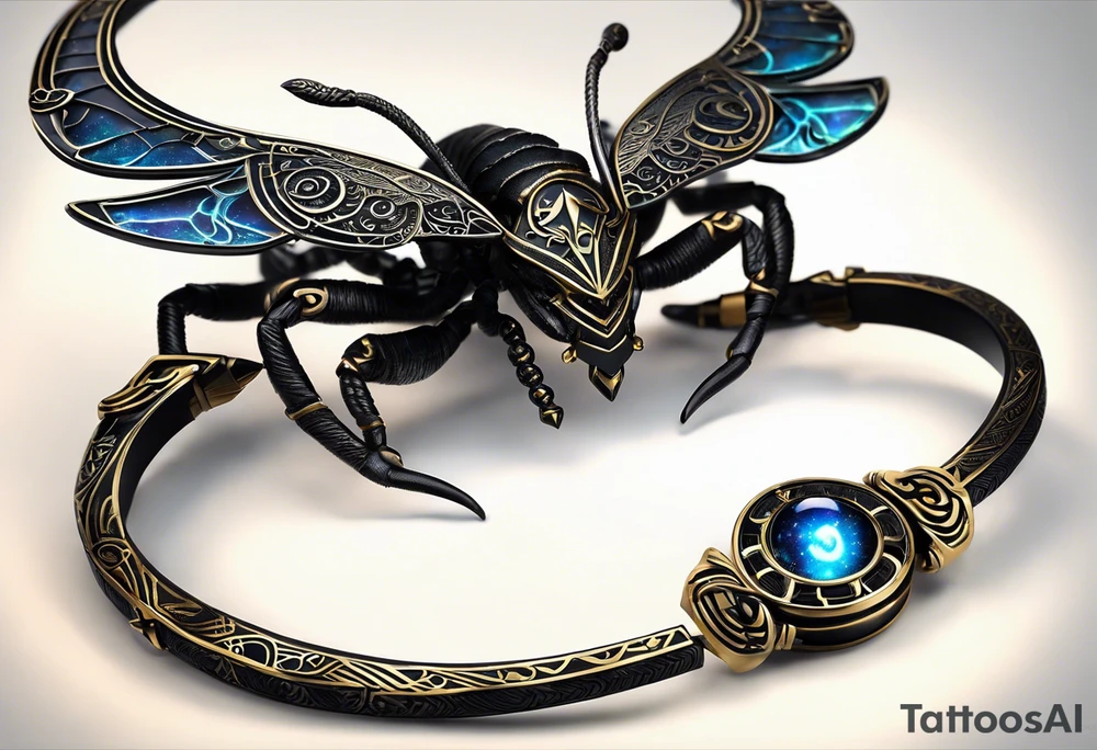 Winged scorpion with mystical details, such as glowing eyes and a tail that spirals, ending in a luminous stinger. Its body would have intricate patterns inspired by the Scorpio constellation, with a subtle glow that suggests power and mystery.

The creature could be accompanied by black-tinted bracelets encircling the arm. These bracelets could be designed with geometric lines or ancient symbols, creating a visual harmony between the creature and the bracelets, representing protection and connection with cosmic forces. The tattoo as a whole would evoke strength, mystery, and the intense essence of Scorpio. tattoo idea