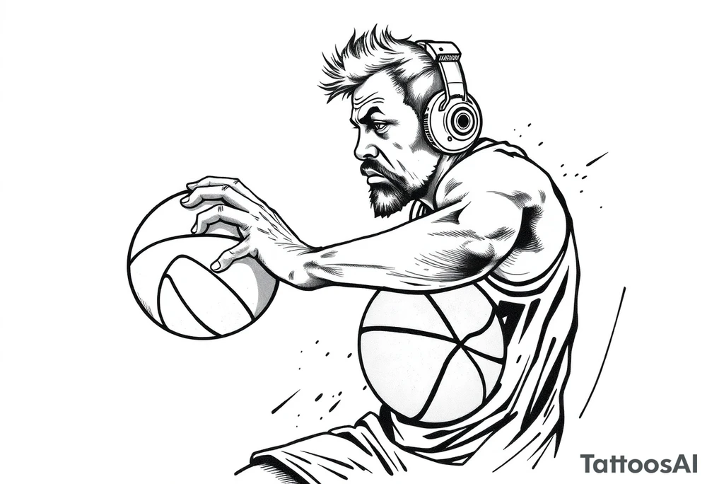 A guy dribbling a basketball with headphones on tattoo idea