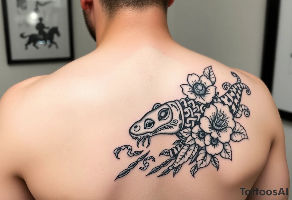Tiki, Blumen, Wellen, Equid, Schildkröte, #299 (Klein), schwarz, old school, Oberarm tattoo idea