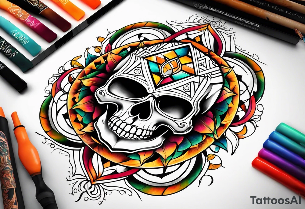 knee tattoo with sacred geometry, skull, swirls & washes in background in fall colors tattoo idea