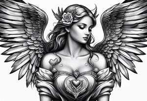 small angel with wings and heart on hands tattoo idea